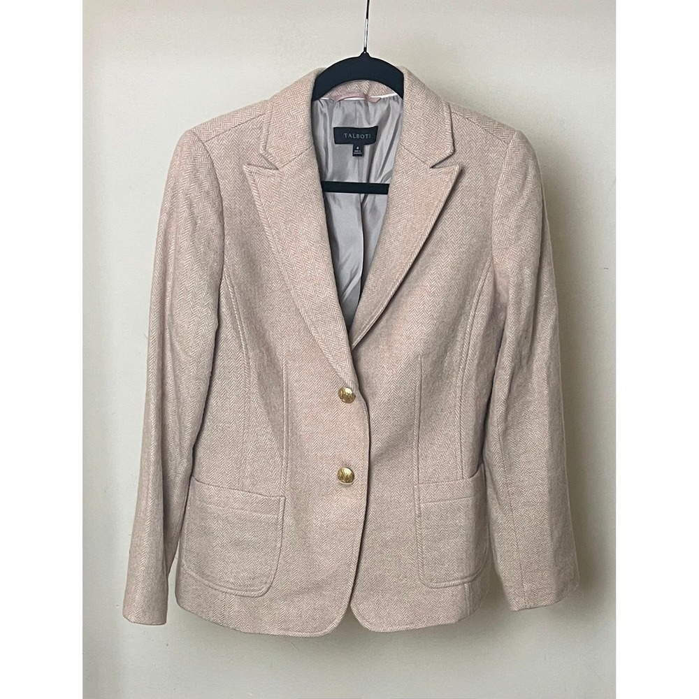 Talbots Womens Tan Herringbone Wool Blend Blazer Gold Button Jacket Size 8 - Picture 3 of 10